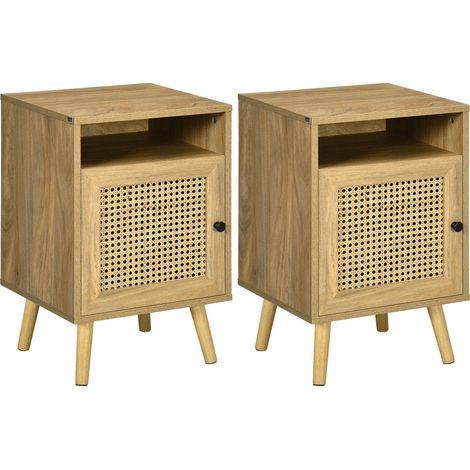 Set 2 Comodini con Anta 39x35x60 cm in Truciolato e Rattan Naturale (1/5)