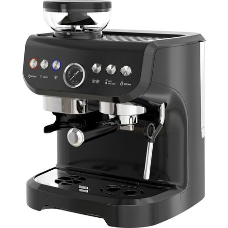 Machine à expresso 1600W avec moulin à grains, buse vapeur, pompe italienne 15 bars, réservoir d'eau 2 L, noir (1/5)