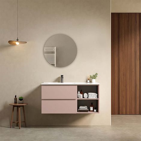 Mobile bagno sospeso 100 cm Rosa Retro Lavabo a Sinistra in Ceramica Specchio Tondo - Fiji Paint Plus (1/4)