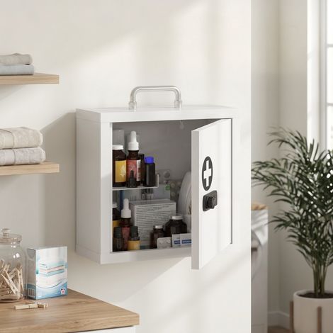 Armoire à pharmacie murale avec serrure à combinaison, armoire de premiers secours à 2 niveaux en acier inoxydable, blanche (1/5)