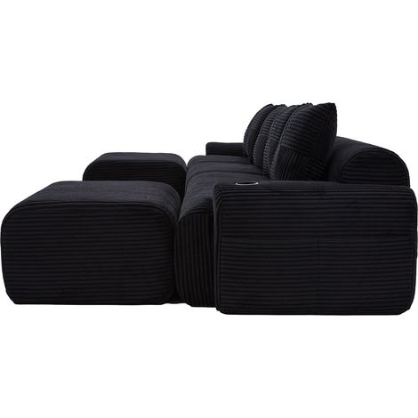 Divano modulare in velluto a coste 4 posti con 2 pouf, portabicchieri e tasca laterale nero HOMVRA (1/5)