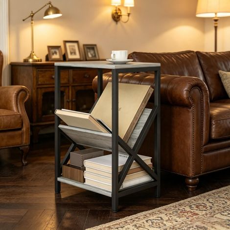 Table d'appoint étroite 3 étages pour canapé, colonne de rangement en V pour magazines, cadre en acier résistant (1 pièce uniquement). (1/5)
