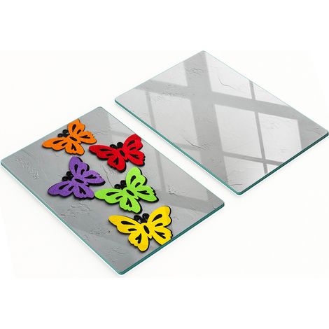 Tablas de cortar de vidrio para cocina con coloridos dibujos de mariposas, 2 x 40 x 52 cm.