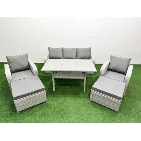 Fimous PE Rattan Garden Furniture Set Reclining Chair Sofa Lounge Sofa Set Rectangular Dining Table 2 Big Footstool Light Grey (1/4)