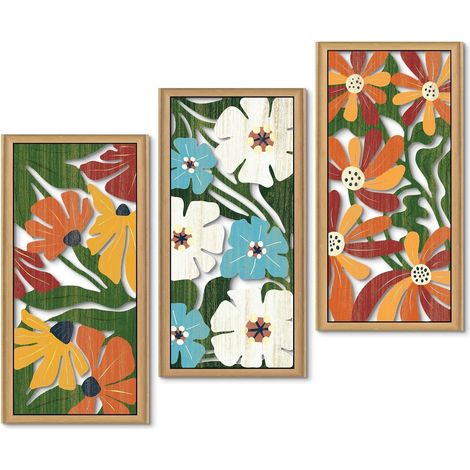 Lot de 3 tableaux muraux en bois - Motif floral - Style rétro du milieu du siècle - Décoration murale minimaliste pour salon, chambre à coucher, bureau ou couloir (1/5)