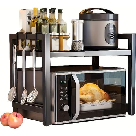Étagère à micro-ondes extensible avec porte-accessoires, étagère télescopique en acier au carbone noir, organisateur pour micro-ondes et ustensiles de cuisine, idéale pour les petites et (1/5)