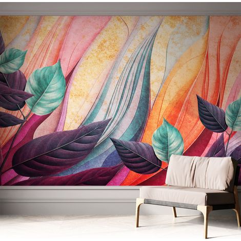 Papier peint adhésif décoratif avec colle pour salon chambre et bureau Installation rapide Feuilles abstraites 312x219 cm (1/5)