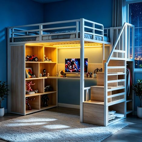 Lit Mezzanine métal 90x200 avec LED et Bureau Port USB, Lit Superposé Enfant 2 Places avec Armoire, Rangements escalier, À monter soi-même Blanc (1/5)