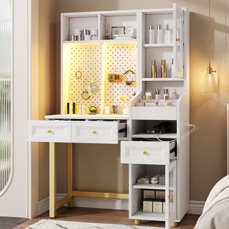 Tavolo da trucco con illuminazione LED, 3 cassetti, prese USB e Type-C, MDF bianco (1/5)