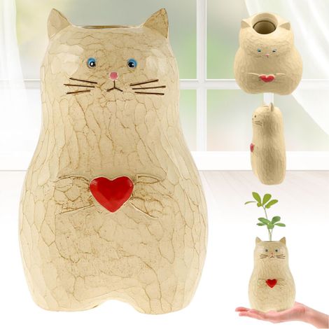 Vase décoratif en forme de chat en forme de cœur, résine synthétique, artisanat, idéal pour la décoration de la maison, de la chambre, du jardin et de l'extérieur. Style moderne et créatif. (1/5)