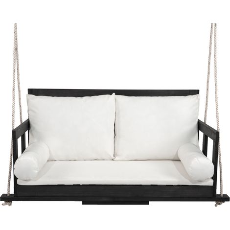 Balançoire suspendue en bois d'acacia - Double siège de jardin - Avec coussin - Lavable - Deux cordes - Pour terrasse, balcon, détente - Sans armature (noir + polyester)