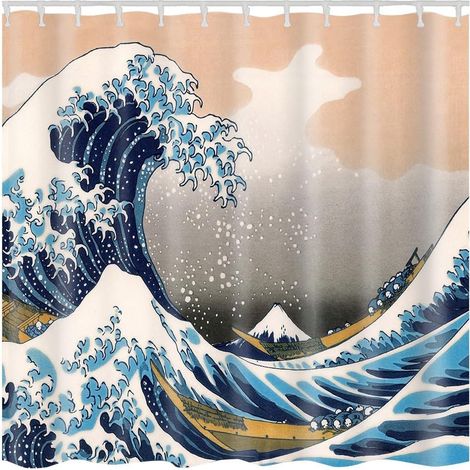 Rideau de douche avec crochets étanches de haute qualité, résistant aux moisissures et facile à nettoyer, belle impression. (Wave) (1/5)