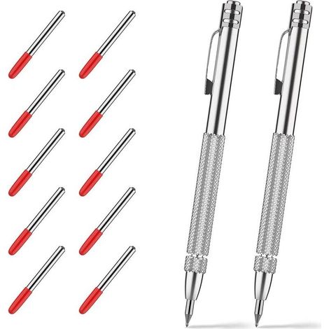 Lot de 2 pointes à tracer en carbure de tungstène avec 12 pointes de marquage de rechange, outil de gravure en carbure d'aluminium équipé d'un clip (1/2)