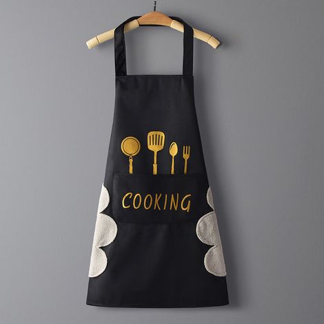 Tablier de cuisine pour femme avec poche pour essuyer les mains, grande poche, design pour essuyer les mains, cuisson cuisson étanche noir (1/2)