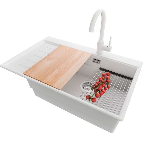 PRIMAGRAN Evier Cuisine en Granit 78x50cm,Lavabo 1 bac + Robinet 32x20cm + Kit de Vidage + Accessoires, Évier à Encastrer au meuble 60cm - Sydney, Blanc