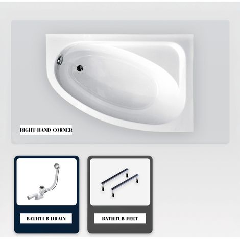 Asymmetrische Badewanne - 140 x 80 cm - Rechts - ohne Verkleidung - mit Füßen - Ablaufgarnitur Chrom - CORNEA (1/5)