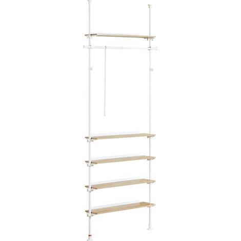 SoBuy Teleskopstange Kleiderständer mit 1 Kleiderstange und 5 Ablagen Teleskop Garderoben System Verstellbares Garderobenständer B 97 x H (193-262) cm Weiß & Natur KLS15-WN