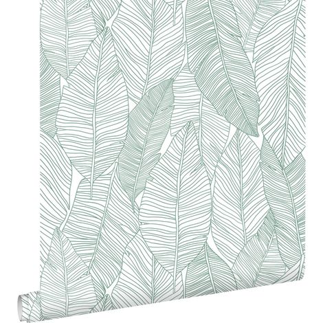 Papier peint à motif feuilles dessinées vert – 53 cm x 10,05 m – Intissé écologique – Raccord sauté pour pose facile – Estahome (1/5)