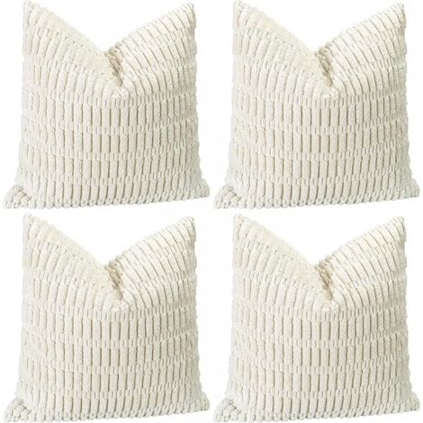 BEBUSINGOTO Juego de 4 fundas de cojín decorativas de pana suave de 45 x 45 cm, cuadradas a rayas de 45 x 45 cm para sofá, dormitorio, patio, estilo rústico, estilo bohemio (blanco crema). (1/5)