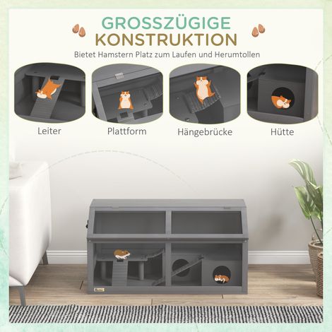 Cage à hamster en bois gris 84x45x44 cm avec pont suspendu, échelles et cabane pour hamster nain (1/5)