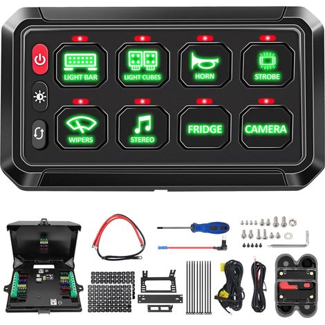 12V Panneau de commande 8 Gang avec éclairage vert, 12-24V Faisceau de câblage avec fusible,système de relais de contrôle de circuit auxiliaire luminosité réglable pour camions bateaux (1/5)