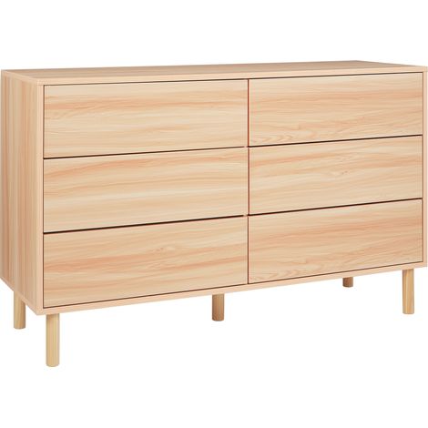 Cómoda moderna 6 cajones tablero de partículas patas de madera de caucho clara Sharpe