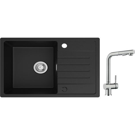 Lavello da cucina Cecipa 1 vasca con gocciolatoio, lavello da cucina in quarzo e resina 78x45 cm Lavello nero di grande capacità + rubinetto da cucina con miscelatore lavello estraibile con doccetta S (1/5)