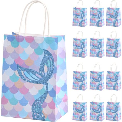 12 bolsas de regalo de papel de sirena, pequeñas bolsas de papel kraft con asa, bolsas de regalo coloridas, bolsas de fiesta para niños, bolsas de regalo para Navidad, boda, fiesta de cumpleaños (1/5)