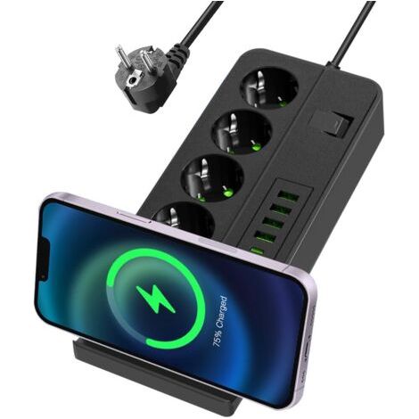 Multiprises Electrique, 11 in 1 Bloc Multiprise, Multiprise avec Interrupteur Parafoudre, 4 Prises Multiprise avec 6 USB, Chargement sans Fil Multiprise Electrique, Câble 2M Bureau,Noi