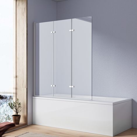 Heilmetz Paroi de Baignoire 120x140cm(LxH) Paroi de douche Pliante avec Triple Porte Verre de sécurité de 6 mm avec nano-revêtement