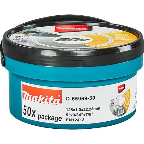 Makita – Disque à tronçonner 125mm pour inox – Épaisseur 1,0mm – Granulométrie WA46R – Alésage 22,23mm – Vitesse max 12.250 tr/min - D-65969-50