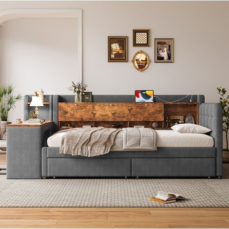 Cama dormitorio con escritorio cajones y USB gris OKMYHOME (1/5)