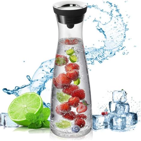 Carafe en Verre,1200 ML Pichet à Eau en Verre Couvercle en Silicone,pour Boisson Maison/thé glacé/Lait/café/vin de Service, Transparent, Noir (1/4)