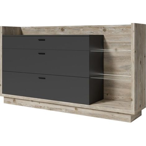 Buffet Design XL 200cm. Kollektion CORK mit 3 Schubladen und Regalen. Farbe Kiefer und anthrazitgrau