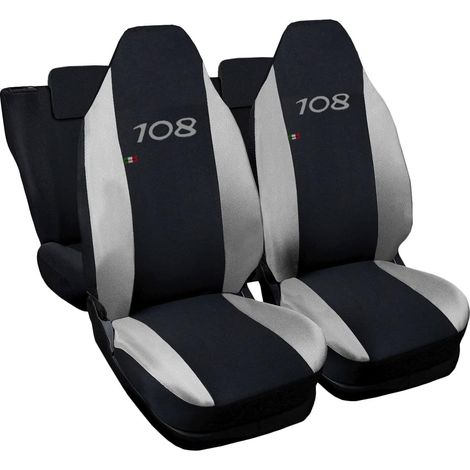 Lupex shop - Coprisedili Auto Compatibili per 108, Made In Italy, set di copri sedili anteriori e posteriori con copri poggiatesta incluso, tessuto poliestere, colore - Nero - Grigio Chiaro (1/5)