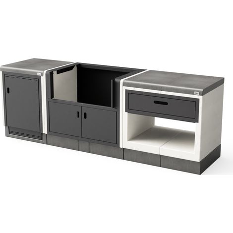 Cuisine d'extérieur en béton préfabriqué pour barbecue – Dimensions 243 x 63 x 63 cm – Finitions blanc et gris – Usage extérieur – Tuozi