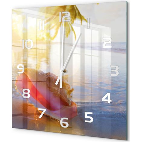 Grande Horloge Murale Carrée Décoration Murale Verre Trempé Design Artistique Coquillage sur la plage 60x60 cm (1/5)