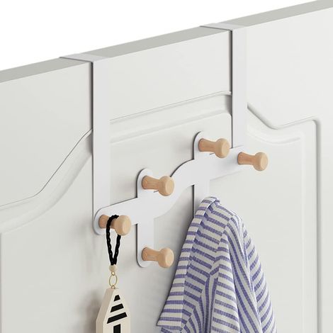 Porte-Manteau Sur Porte - 6 Crochets En Fer Et Bois - Pour Manteaux Serviettes Chapeaux Sacs - Blanc - 30 x 23 cm (1/5)