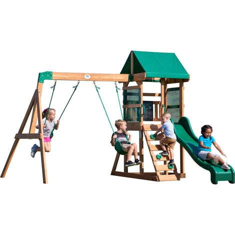 Aire de jeux en bois avec balançoire et toboggan – Mur d'escalade large – Hauteur 180 cm – Toboggan 1,8 m – Pour petits jardins – Backyard Discovery