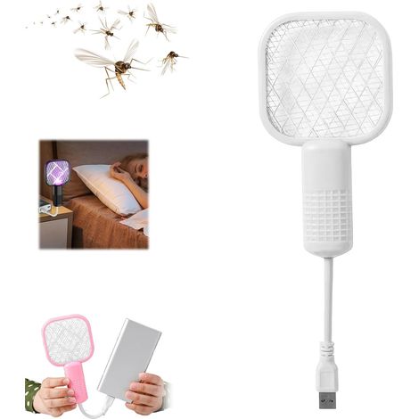 2-in-1 Electric Mosquito Swatter Racket, White USB Bug Zapper with 5-Layer Safety Mesh for Indoor & Outdoor Use (1/5)