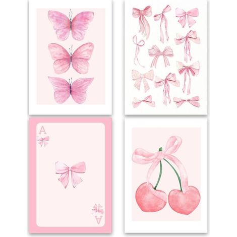 Set of 4 canvas wall posters – Aesthetic decoration for bedroom – Pink posters with bow, butterfly, cherry, poker, coquettish (1/5)