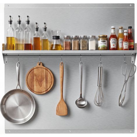 Crédence de Cuisine en Inox 76x76 cm, Plaque Anti Projection Murale avec Étagère et Crochets, pour Cuisinière et Table de Cuisson, Fond de Hotte avec Trous Pré-percés, Résistant à la Chaleur (1/5)