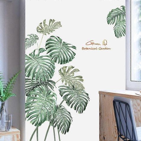 Sticker mural feuilles tropicales vertes, autocollant mural nature feuilles de palmier, décoration murale imperméable à faire soi-même pour chambre, salon, salle de classe. (1/5)