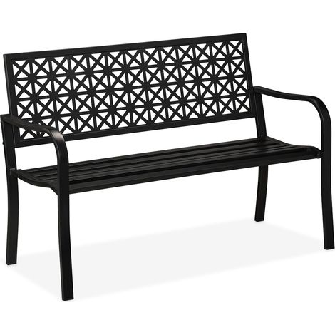 Relaxdays Garden Bench, 2-Seater, Patio & Balcony, Steel, Geometric Design, HWD: 85x127x62 cm, Outdoor Seating, Black (1/5)