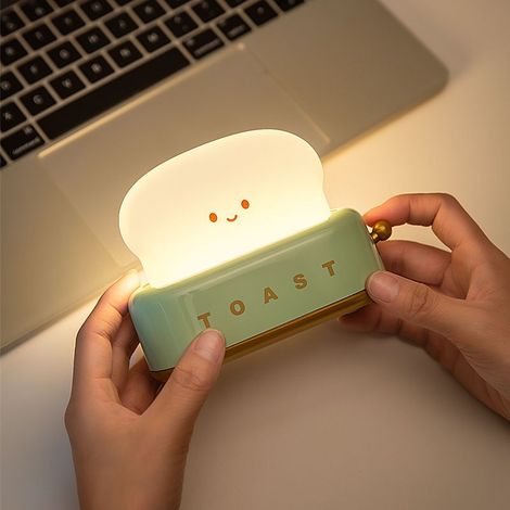 Lampe de pain grillé mignon dortoir décor veilleuse avec minuterie, pain mignon led lampe de sommeil de chevet de chambre portable et rechargeable--vert (1/4)