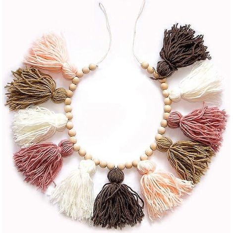 Couronne à franges - Couronne bohème à franges avec perles de bois - Décoration murale pour chambres d'étudiants, chambres de filles et chambres d'enfants (91 cm) - Rose poudré et auburn (1/5)