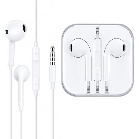 Écouteurs intra-auriculaires filaires avec micro et télécommande (prise jack 3,5 mm), son clair, appels mains libres, blancs. (1/5)