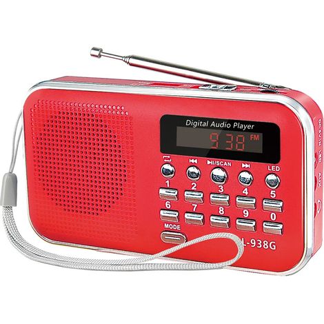 (Rouge) Radio FM avec emplacement pour carte TF, port USB et entrée AUX, équipée d'une batterie rechargeable de 1200 mAh. (1/4)