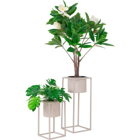 Lot de 2 cache-pots sur pied 17 et 19,5 cm en métal beige (1/5)