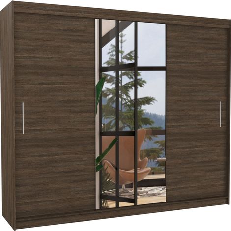 Grande armoire de chambre à coucher 3 portes coulissantes marron et miroir Dany 250cm (1/5)